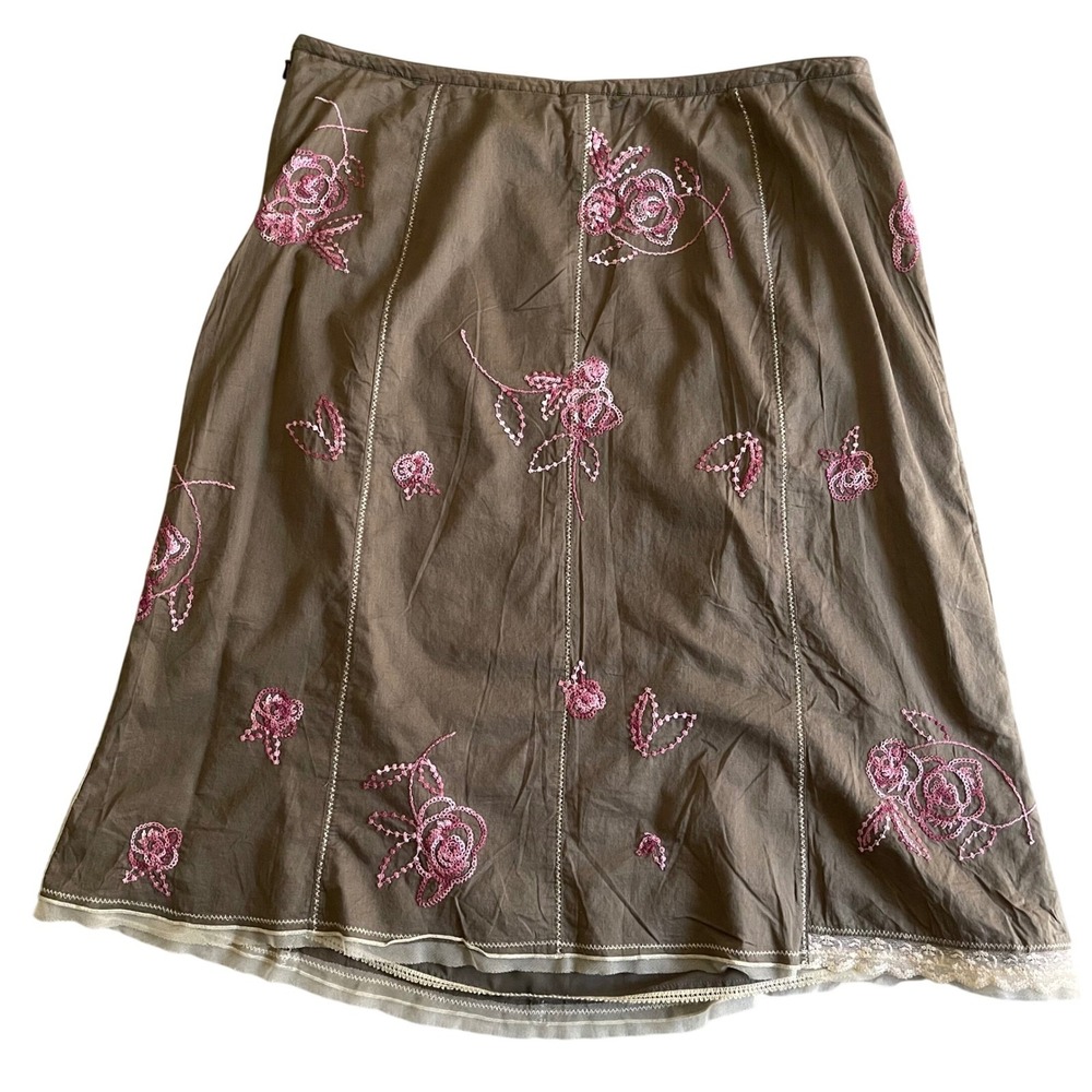 J. Jill Skirt Women 16T Brown Pink Floral Embroidered Lace Boho Cottagecore - Picture 7 of 8